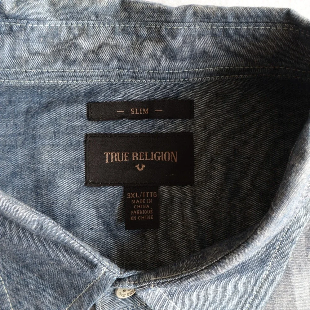 True Religion Mens Patchwork Chambray Denim Button Down Shirt Slim 3XL Blue